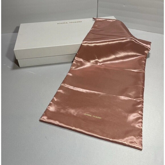 Amina Muaddi Empty Boot Box 12.25x23.5x4.25” and Pink Satin Drawstring Dust Bag - Picture 1 of 10